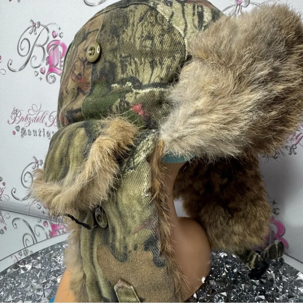 Toque hat trapper camo fur real rabbit Camouflage Fur-Lined Hat embroidered